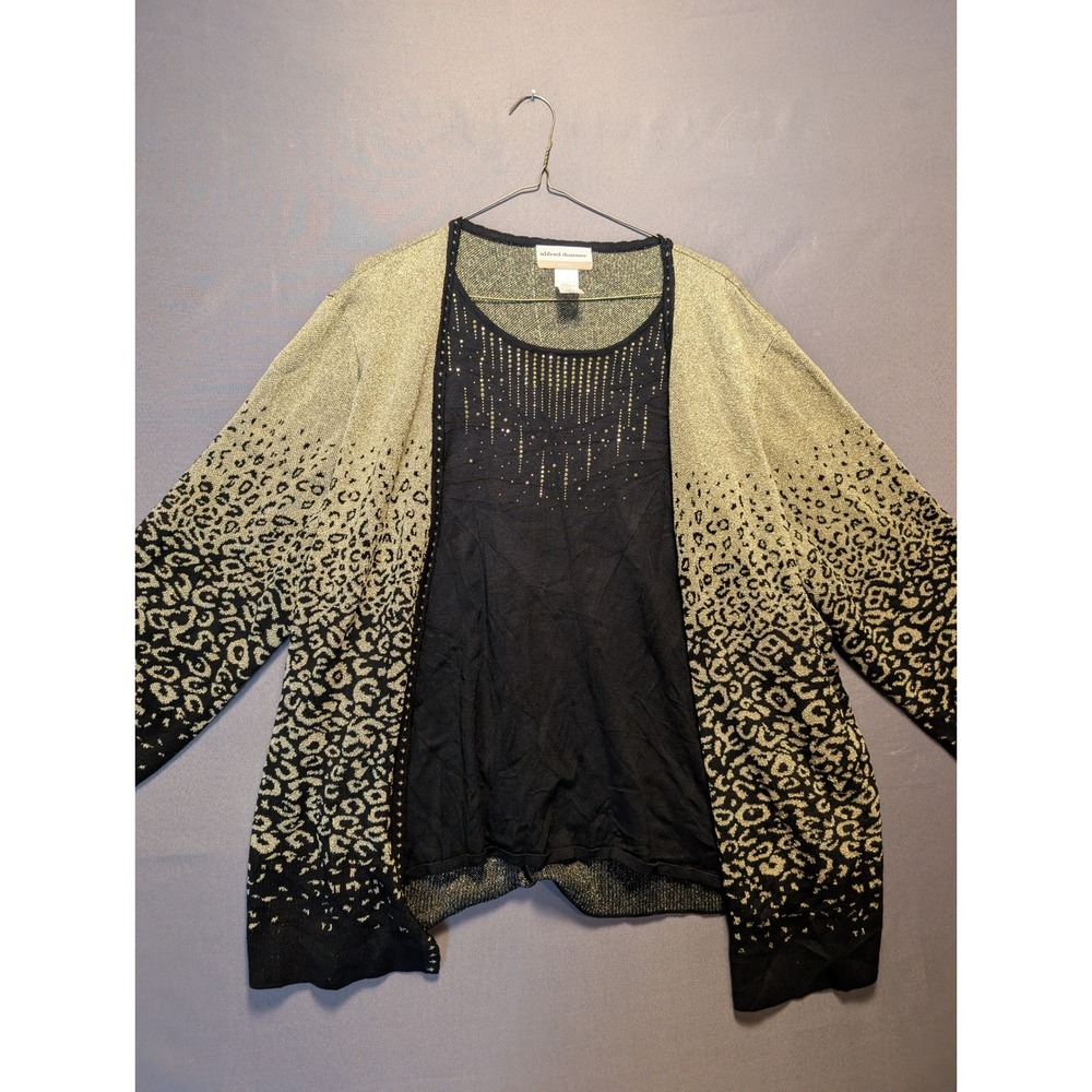 Alfred Dunner Womens 3X Metallic Gold Black Leopard Print Cardigan Tank Set